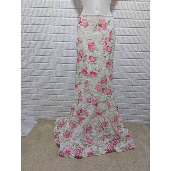 Azzure Couture Women's White Trumpet Skirt Pink Floral Sequin Trim Size 10 - Picture 1 of 9